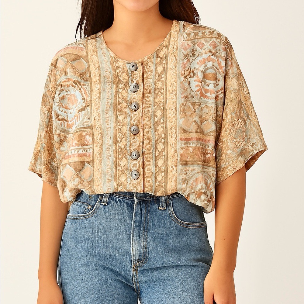 Vintage Preferred Plus Button Down Blouse Shirt Brocade Paisley Top Large XL